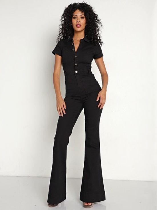 Show Me Your MuMu Pants - Show Me Your MuMu Everhart Black Short-Sleeve Button Up Jumpsuit